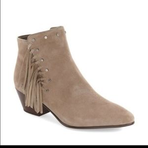 Sam Edelman Suede Leather Rudie Fringe Taupe Studded Bootie